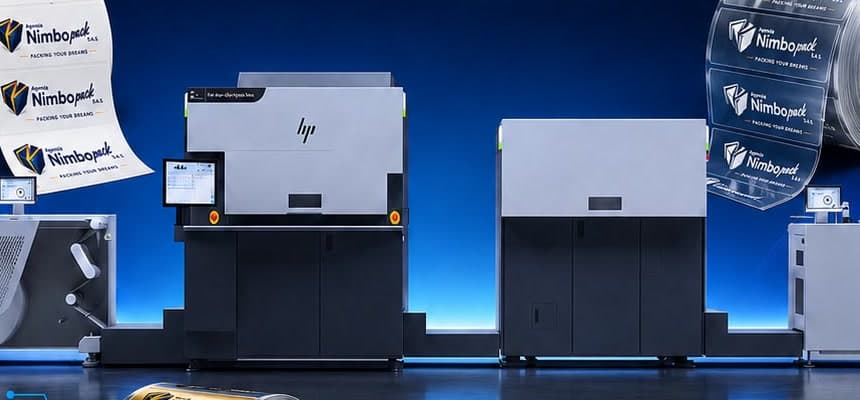 Prensa digital HP Indigo 6K+ de Nimbopack imprimiendo etiquetas en rollo